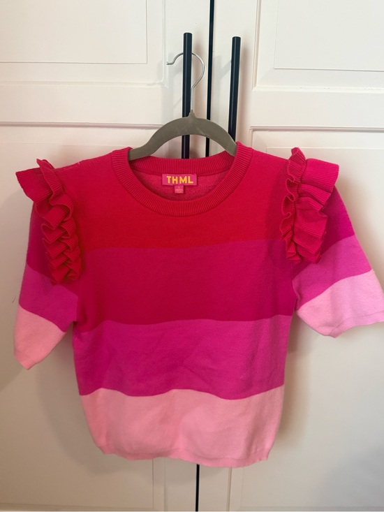THML Sweaters - THML Bright Pink Striped Ruffle-Sleeve Sweater